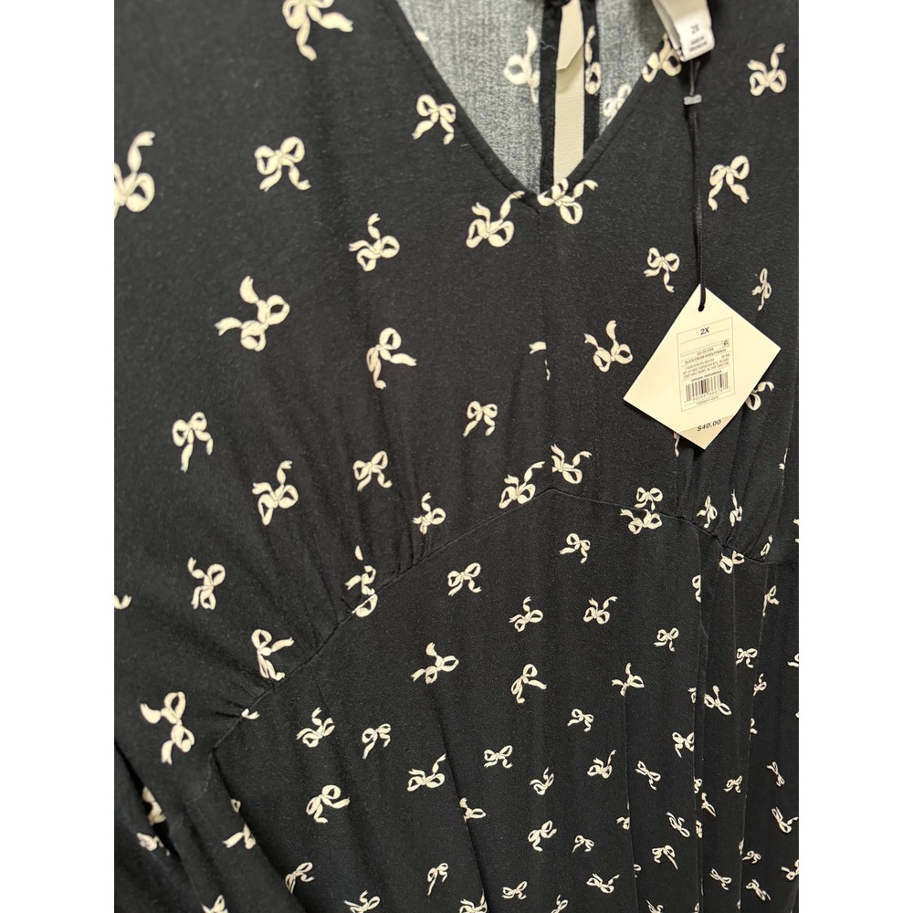 Ava & Viv Dress Womens 2X Black Bow Print Midi V-Neck Long‎ Sleeve Rayon New - Picture 4 of 10